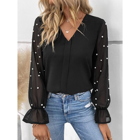 WILA Tops - Preppy Contrast Mesh Pearl embellished Flounce Sleeve V Neck Blouse